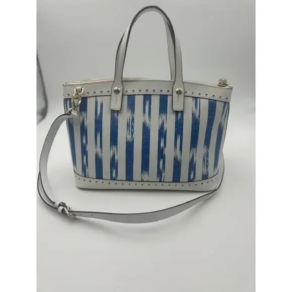 RARE Henri Bendel W 57th Ikat Satchel Tote Blue White & Bag Charm Coastal Chic - Picture 2 of 9